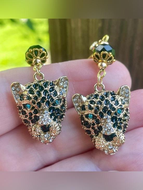 Hand crafted Jewelry - Hand Crafted Gold Leopard Head Drop Earrings with Black and Green Accents